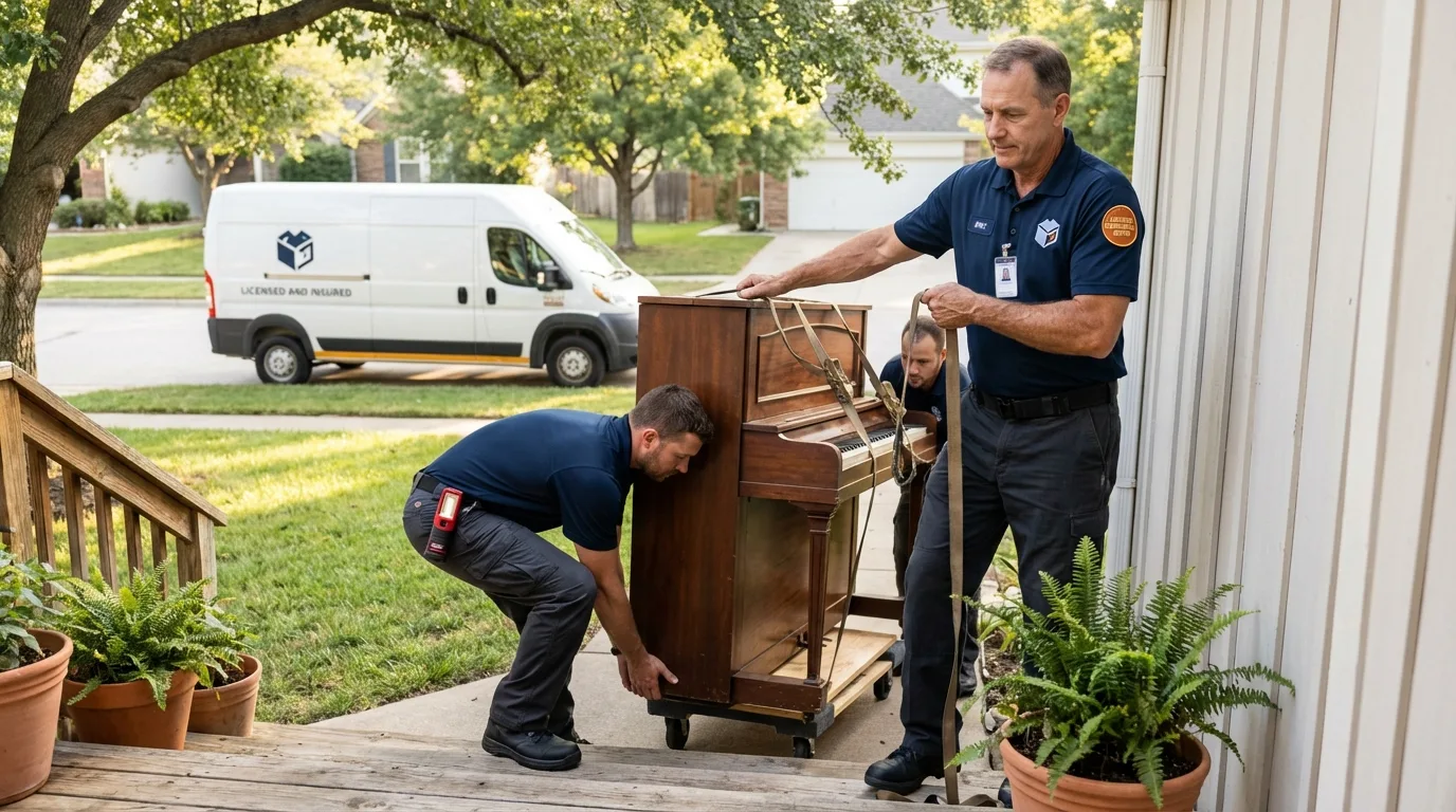 Licensed piano movers securing grand piano in Troy, IL